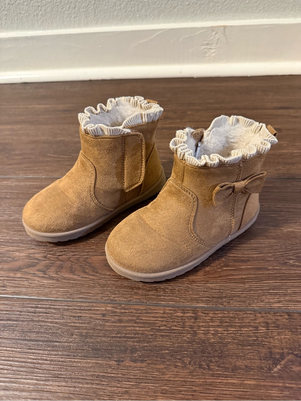 wonder nation Tan Suede-Look Girls' Ruffle Faux-Fur Boots